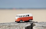 automobile, toy car, bus, vw, vehicle, car, transport, vw bus, camping, camping bus, nostalgia, volkswagen vw, orange, orange-and-white, retro, past, bulli, sand, nature, water, sea, car wallpapers, heaven, beach, horizon, blue, classic, model car, cult, hippie, vw bulli, travel, iconic, volkswagen, camper